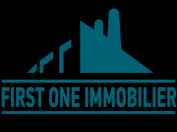 Brand logo for First One Immobilier with a teal mountain/industrial shape on a black background.