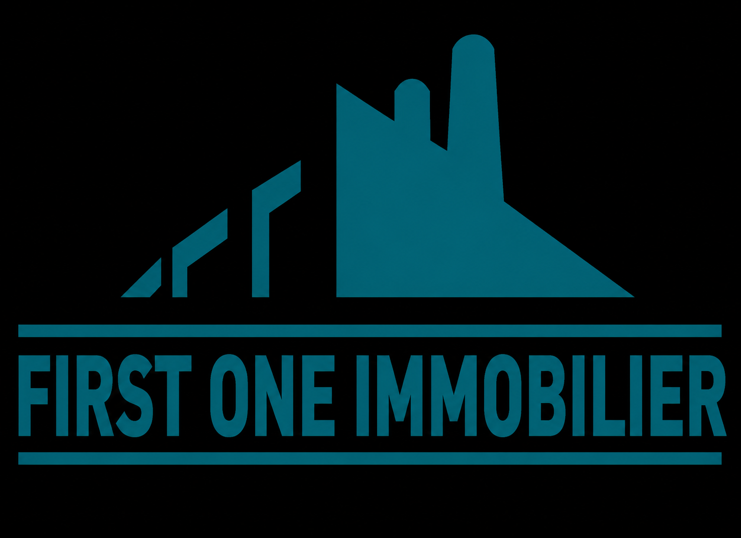 First One Immobilier logo with teal mountain-like shapes on a black background.