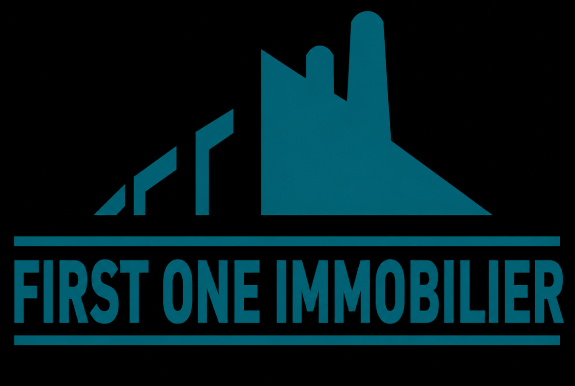 First One Immobilier logo with teal mountain-like peak and bold text on a black background.
