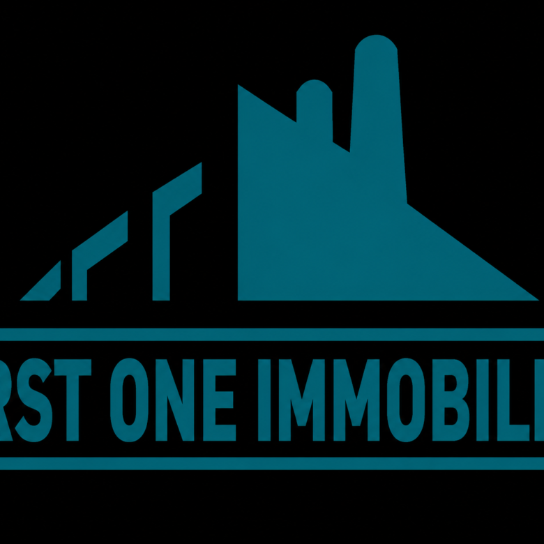Brand logo for First One Immobilier: teal mountain-like emblem with the company name on a black background.